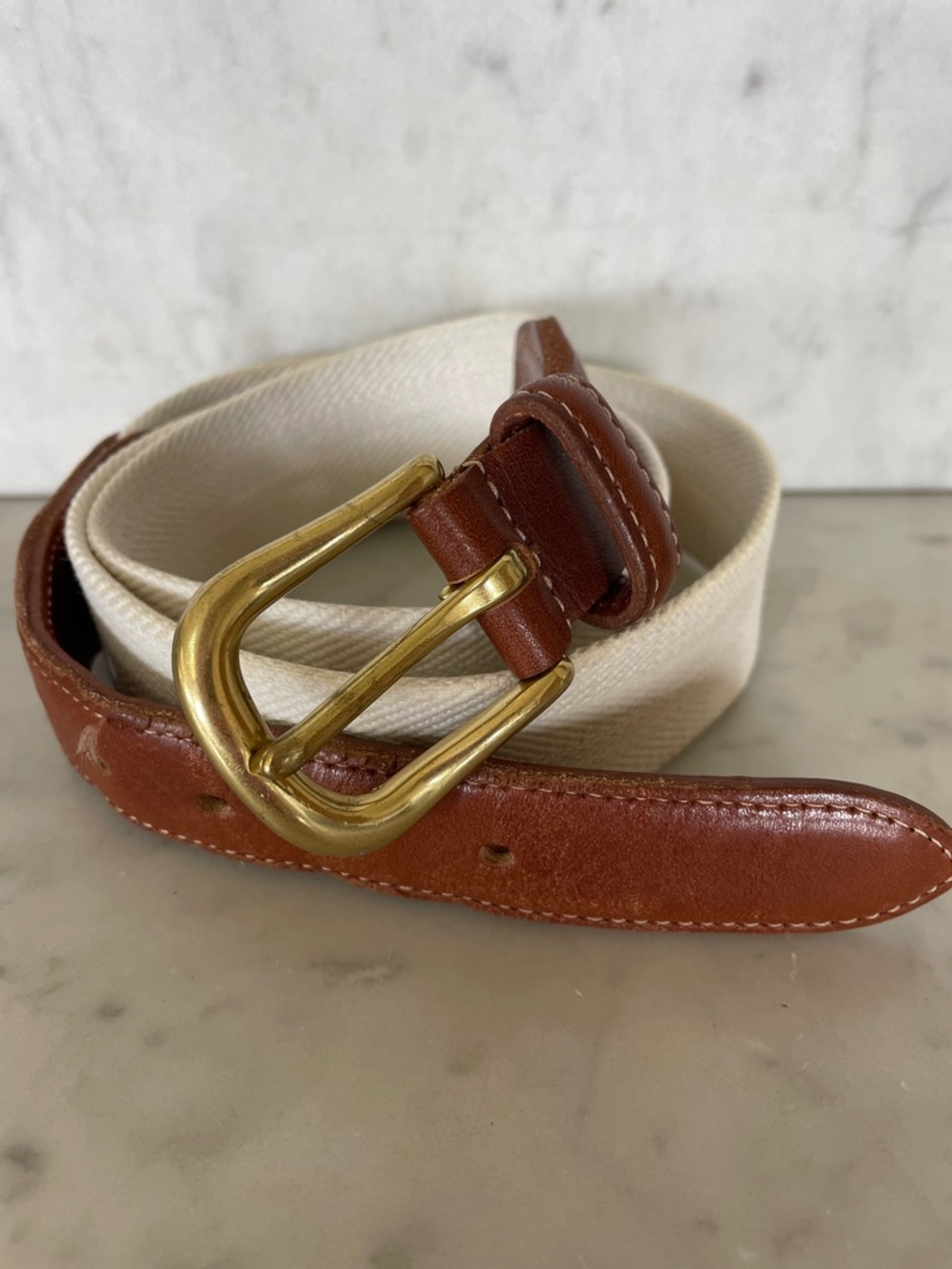 COACH Cream Canvas Belt Vintage Brown Leather Gold-Tone Buckle 36